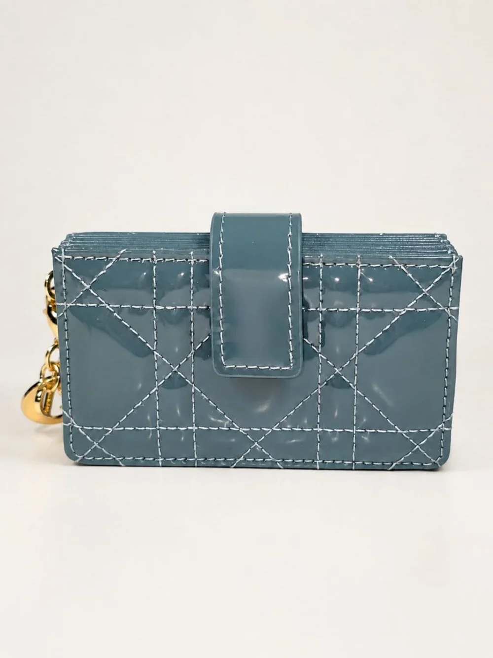 Christian Dior Blue Gray Patent Cannage Accordion Wallet w/ Dior Charms